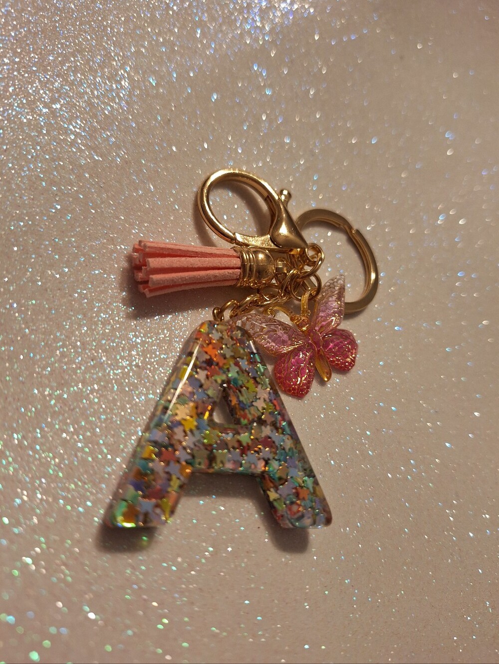 Holographic Star 'A' Initial Keychain Multicolor New